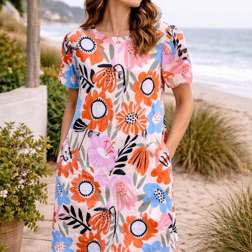 Bonus by Ananya Boho Floral Cottage Shirt Dress Womens Large Puff Sleeves Garden